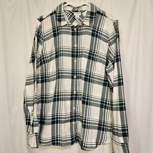 J.Crew Women's Flannel Shirt L Green White Plaid Button-Down Long Sleeve